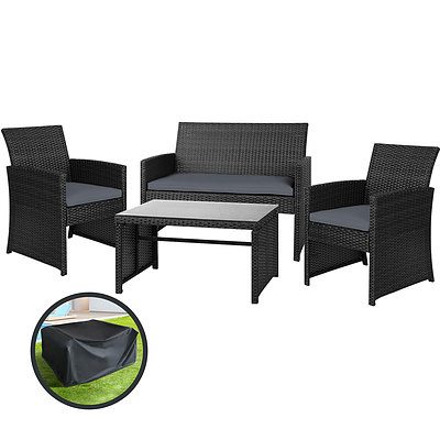 Set of 4 Outdoor Rattan Chairs & Table - Black 