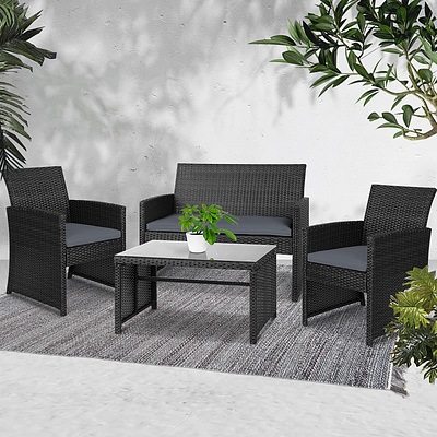 Set of 4 Outdoor Rattan Chairs & Table - Black 