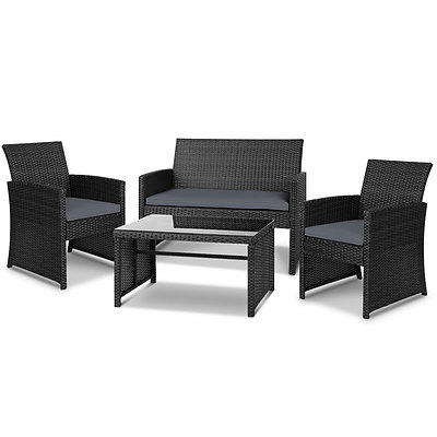 Set of 4 Outdoor Rattan Chairs & Table - Black 