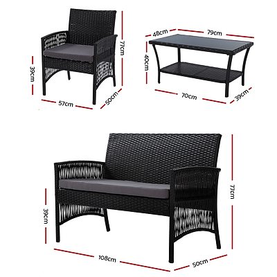 Outdoor Furniture Rattan Set Wicker Cushion 4pc Black