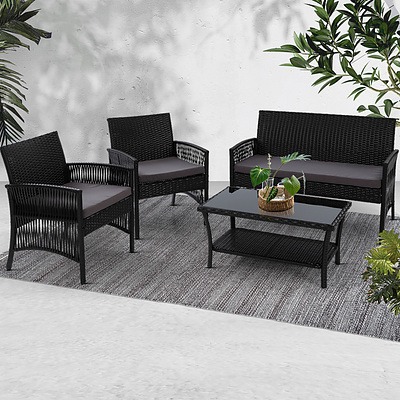 Outdoor Furniture Rattan Set Wicker Cushion 4pc Black