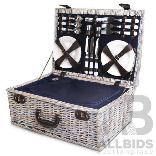 6-Person Picnic Basket Cooler Bag Wicker PU Fastening Straps Plates