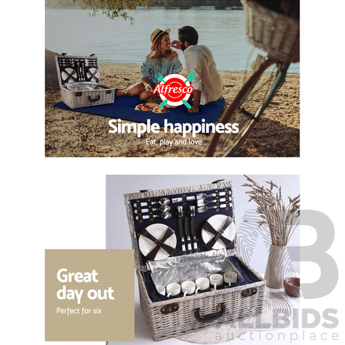 6-Person Picnic Basket Cooler Bag Wicker PU Fastening Straps Plates