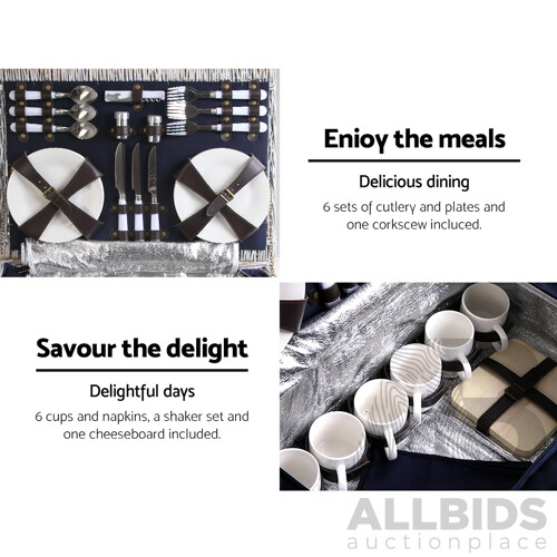 6-Person Picnic Basket Cooler Bag Wicker PU Fastening Straps Plates