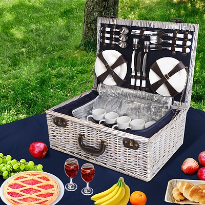 6-Person Picnic Basket Cooler Bag Wicker PU Fastening Straps Plates