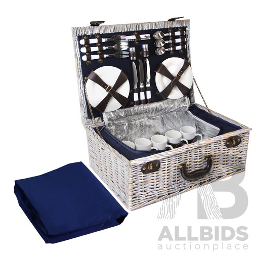 6-Person Picnic Basket Cooler Bag Wicker PU Fastening Straps Plates