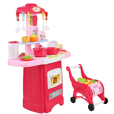 Keezi Kids Kitchen and Trolley Playset - Red - Free Shipping