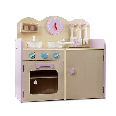 7 Piece Kids Pretend Play Wooden Kitchen Play Set - Natural & Pink - Free Shipping