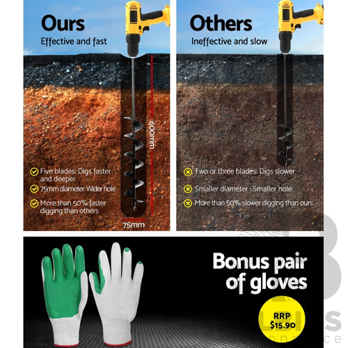 Power Garden Auger Small Earth Planter 75 X 600MM Black - Brand New - Free Shipping