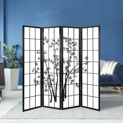 4 Panel Room Divider Screen Privacy Dividers Pine Wood Stand Shoji Bamboo Black White - Brand New - Free Shipping