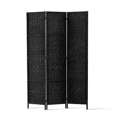 3 Panel Room Divider Privacy Screen Rattan Woven Wood Stand Black - Brand New - Free Shipping