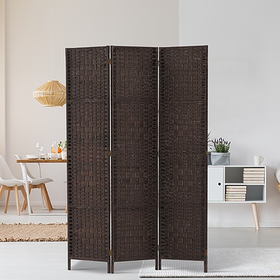 3 Panel Room Divider Privacy Screen Rattan Woven Wood Stand Brown - Brand New - Free Shipping