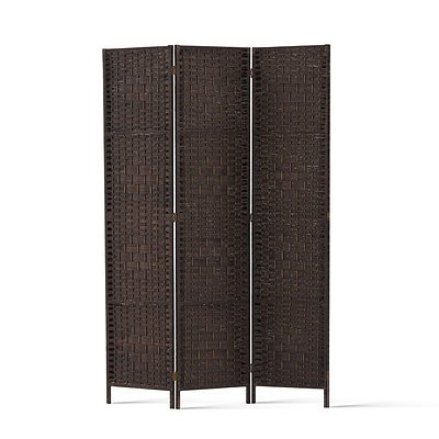 3 Panel Room Divider Privacy Screen Rattan Woven Wood Stand Brown - Brand New - Free Shipping