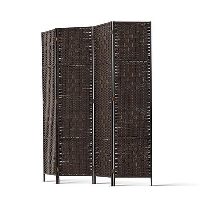 4 Panel Room Divider Privacy Screen Rattan Woven Wood Stand Brown - Brand New - Free Shipping