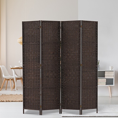 4 Panel Room Divider Privacy Screen Rattan Woven Wood Stand Brown - Brand New - Free Shipping