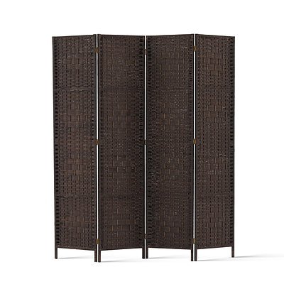 4 Panel Room Divider Privacy Screen Rattan Woven Wood Stand Brown - Brand New - Free Shipping