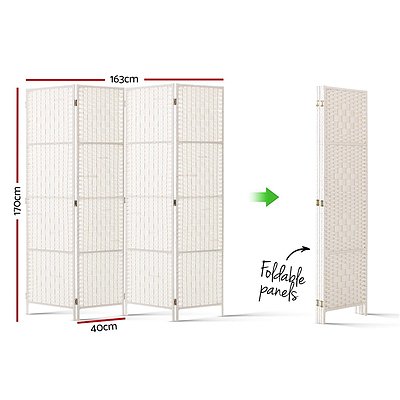 4 Panels Room Divider Screen Privacy Rattan Timber Fold Woven Stand White - Brand New - Free Shipping