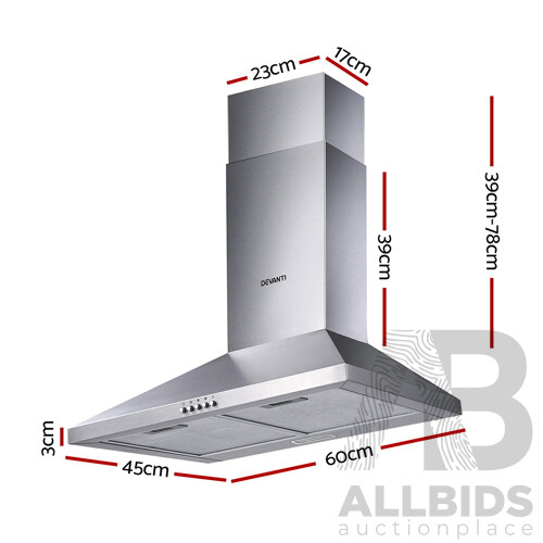 Range Hood 60cm 600mm Kitchen Canopy Stainless Steel Rangehood Wall Mount - Brand New - Free Shipping