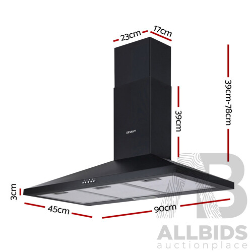 Range Hood Rangehood 90cm 900mm Kitchen Canopy LED Light Wall Mount Black - Brand New - Free Shipping