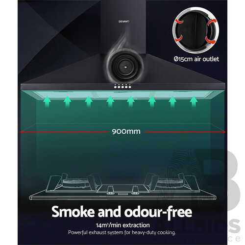 Range Hood Rangehood 90cm 900mm Kitchen Canopy LED Light Wall Mount Black - Brand New - Free Shipping