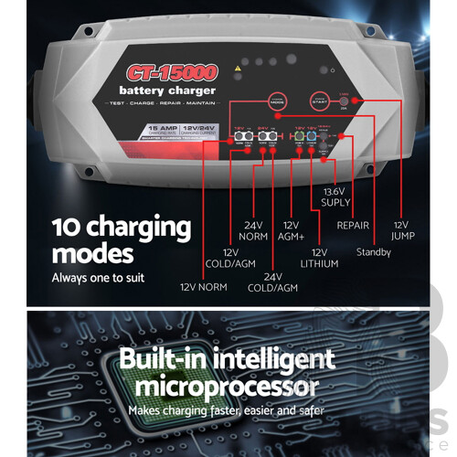 Smart Battery Charger 15A 12V 24V Automatic SLA AGM Car Truck Boat Motorcycle Caravan - Brand New - Free Shipping