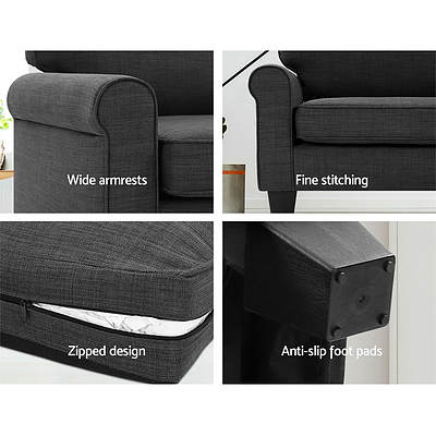 1780mm 3 Seater Sofa Suite Lounger Couch Fabric Dark Grey