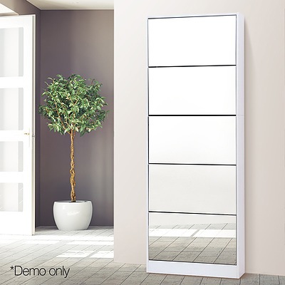 5 Drawer Mirrored Wooden Shoe Cabinet - White - Free Shipping