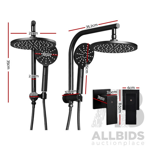 Round 9 inch Rain Shower Head & Taps Set Bathroom Handheld Spray Bracket Rail Mat Black