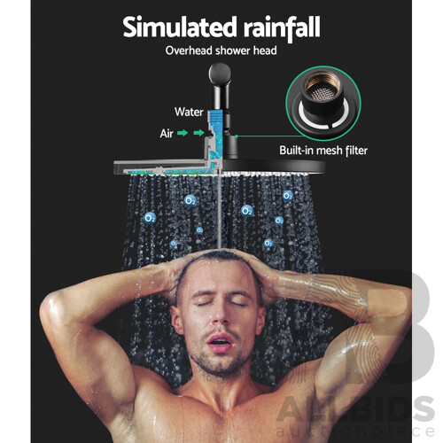 Round 9 inch Rain Shower Head & Taps Set Bathroom Handheld Spray Bracket Rail Mat Black