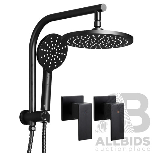 Round 9 inch Rain Shower Head & Taps Set Bathroom Handheld Spray Bracket Rail Mat Black